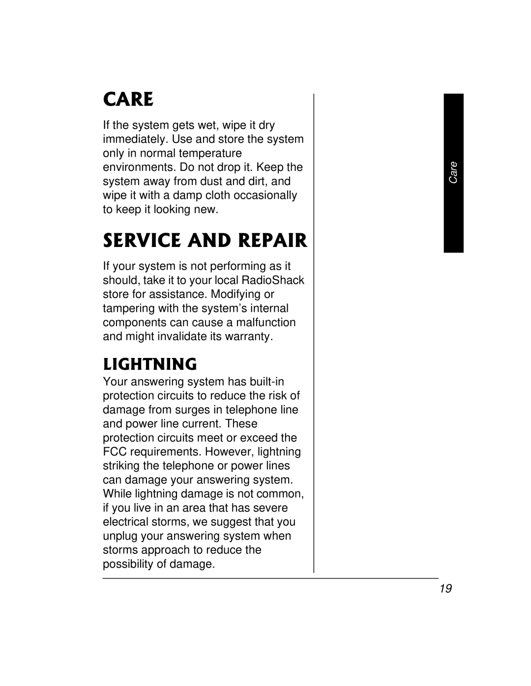 Radio Shack 43-3888 owner manual Care, Service and Repair 