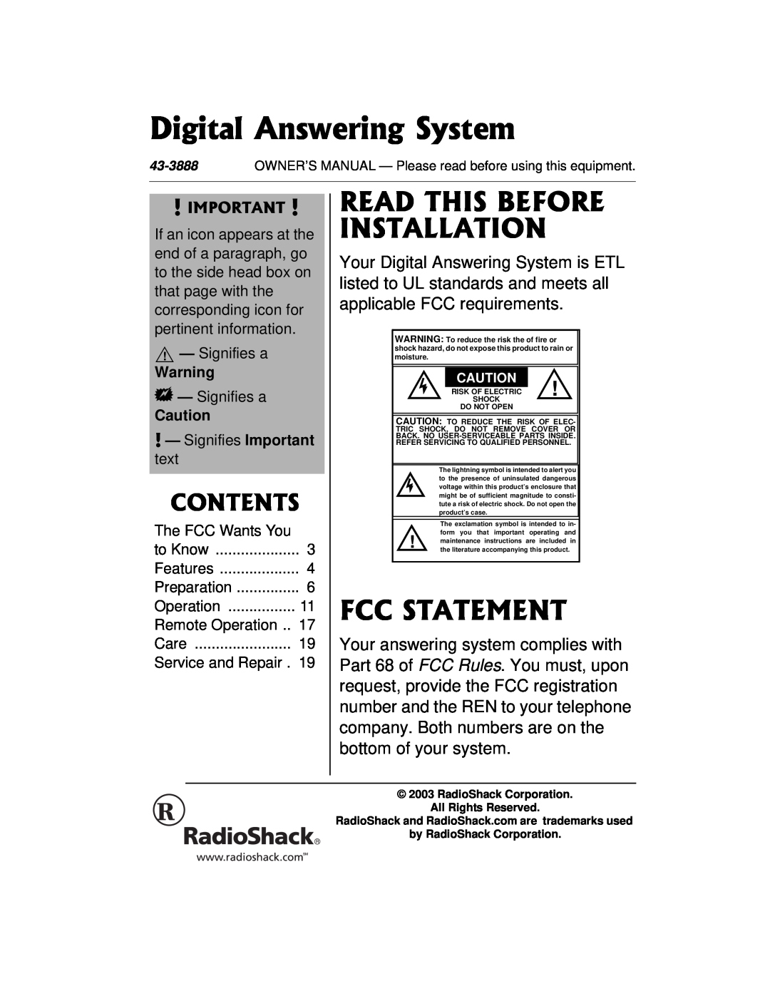 Radio Shack 43-3888 owner manual Read This Before Installation, Fcc Statement, Contents, Digital Answering System 