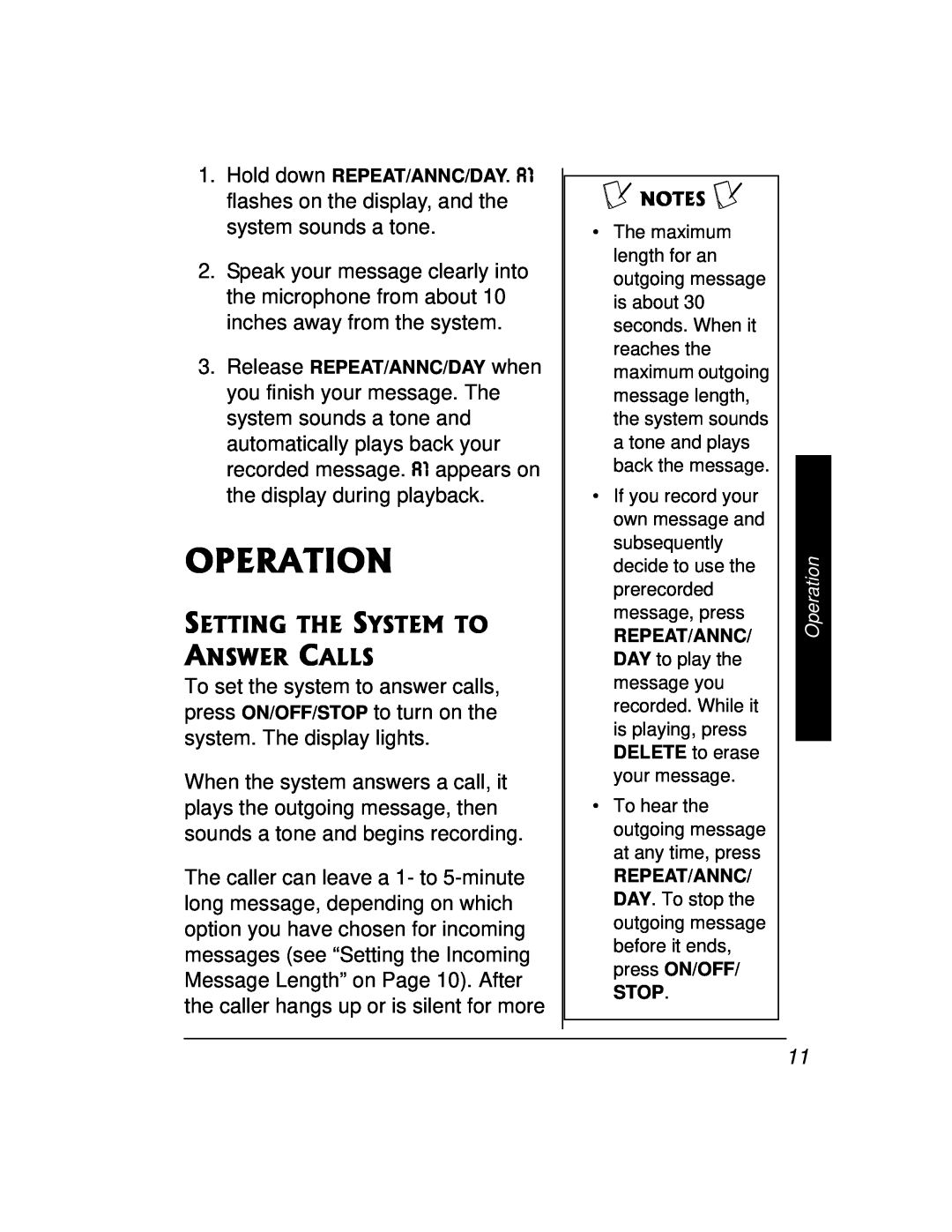 Radio Shack 43-3888 owner manual Operation, Setting The System To Answer Calls 