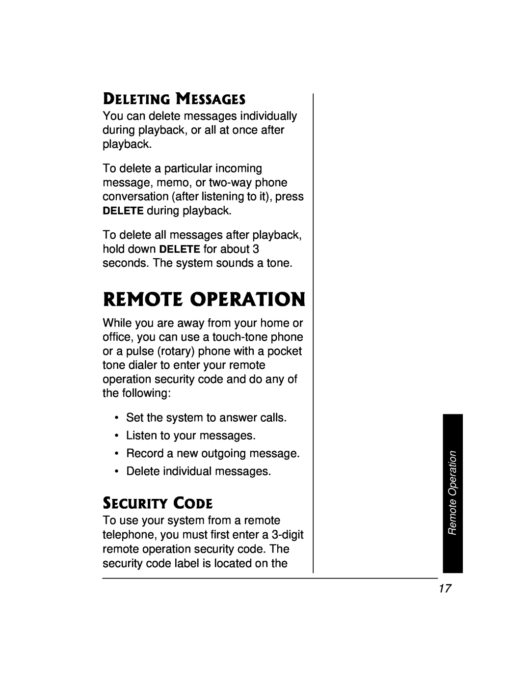 Radio Shack 43-3888 owner manual Remote Operation, Deleting Messages, Security Code 