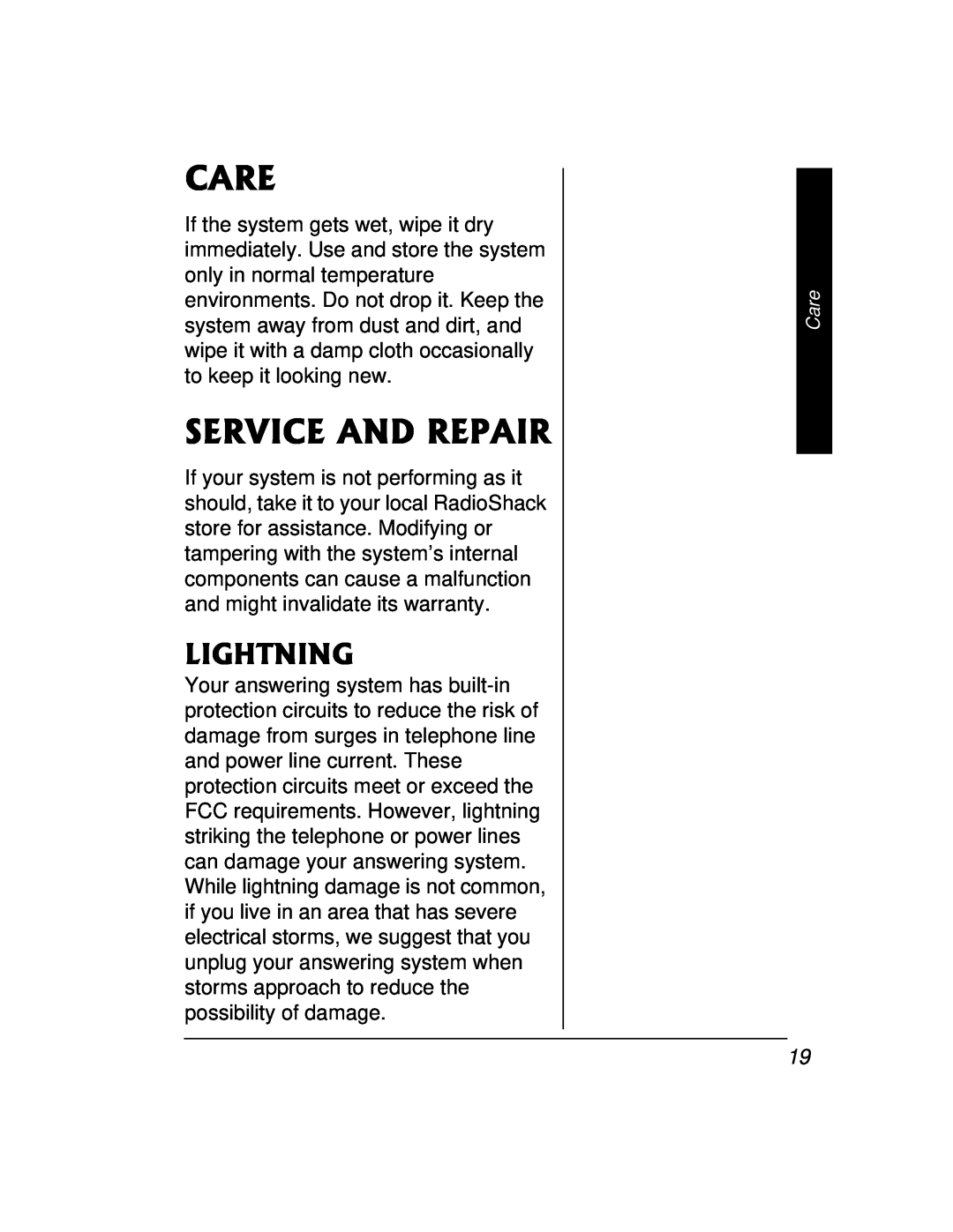 Radio Shack 43-3888 owner manual Care, Service And Repair, Lightning 