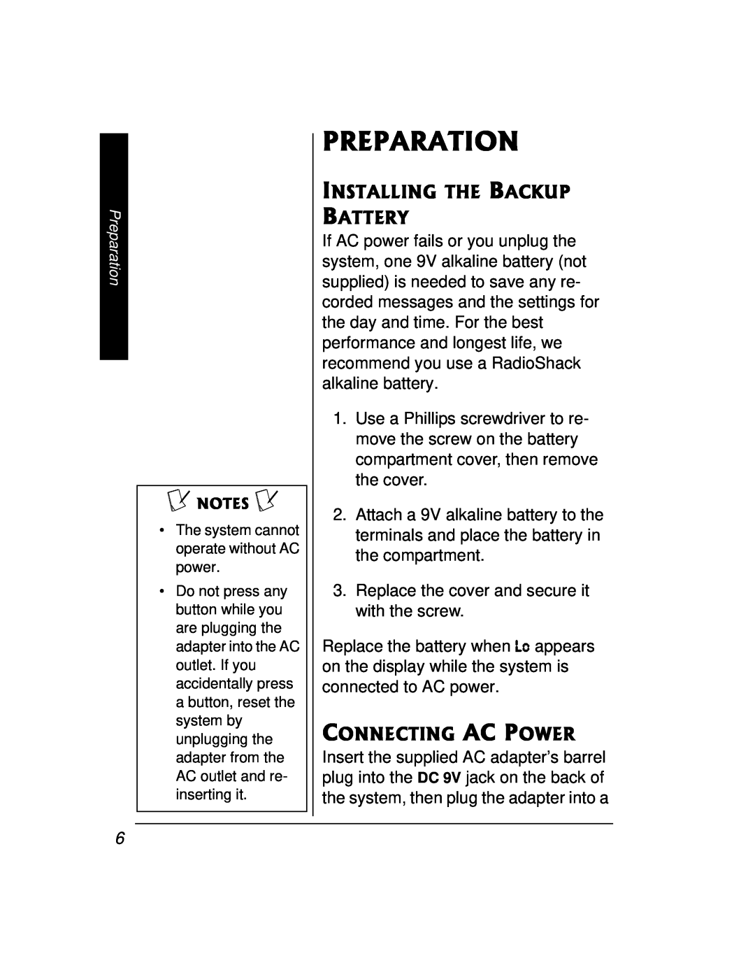 Radio Shack 43-3888 owner manual Preparation, Installing The Backup Battery, Connecting Ac Power 