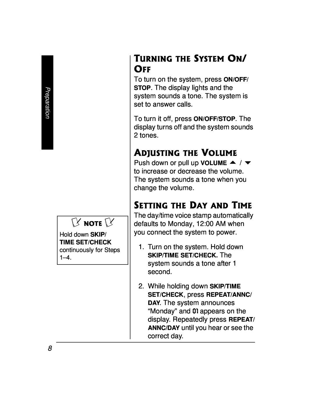 Radio Shack 43-3888 Turning The System On/ Off, Setting The Day And Time, Hold down SKIP, continuously for Steps 