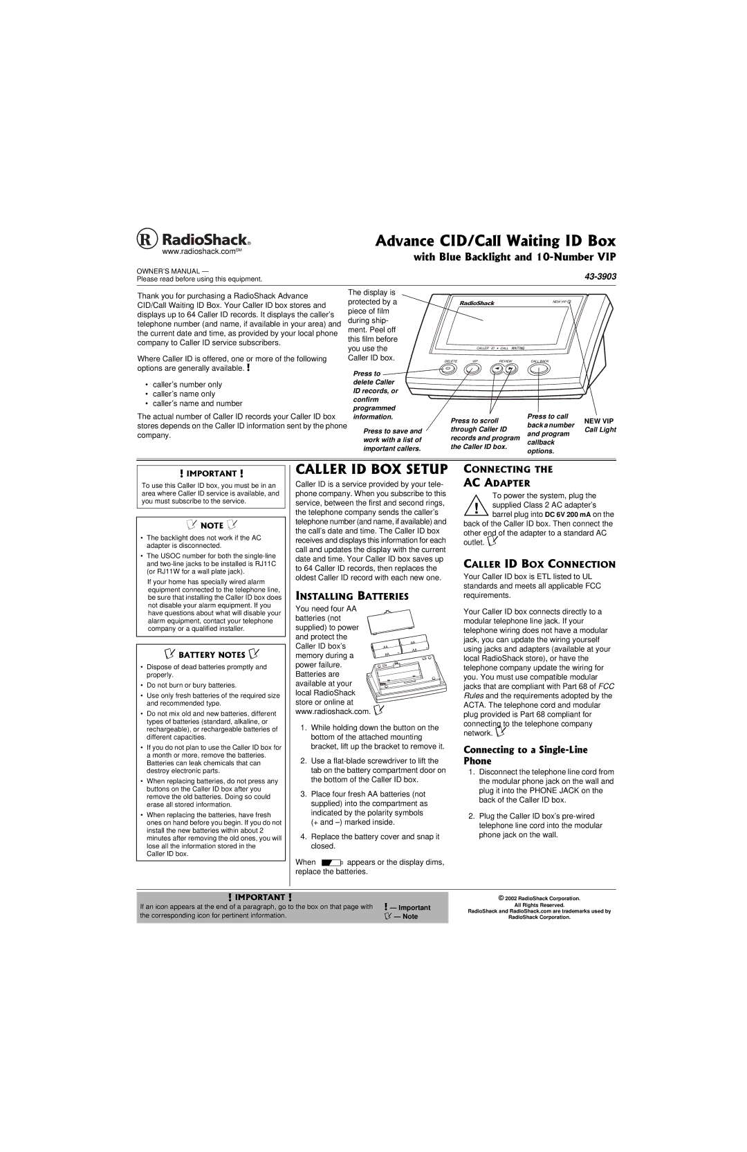 Radio Shack 43-3903 owner manual Caller ID BOX Setup, Connecting to a Single-Line Phone, Installing Batteries 