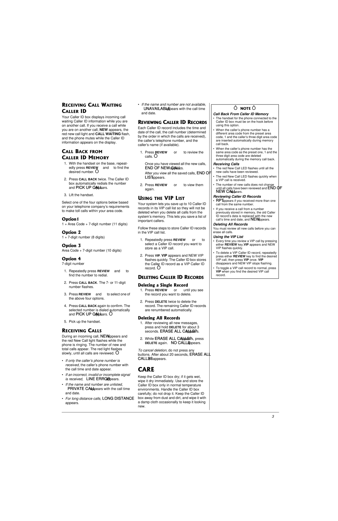 Radio Shack 43-3903 owner manual Care, Option1, Deleting a Single Record, Deleting All Records 