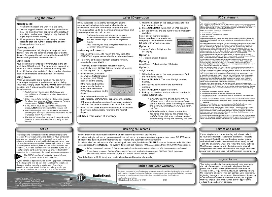 Radio Shack 43-3904 manual Set up, Deleting call records, Service and repair 