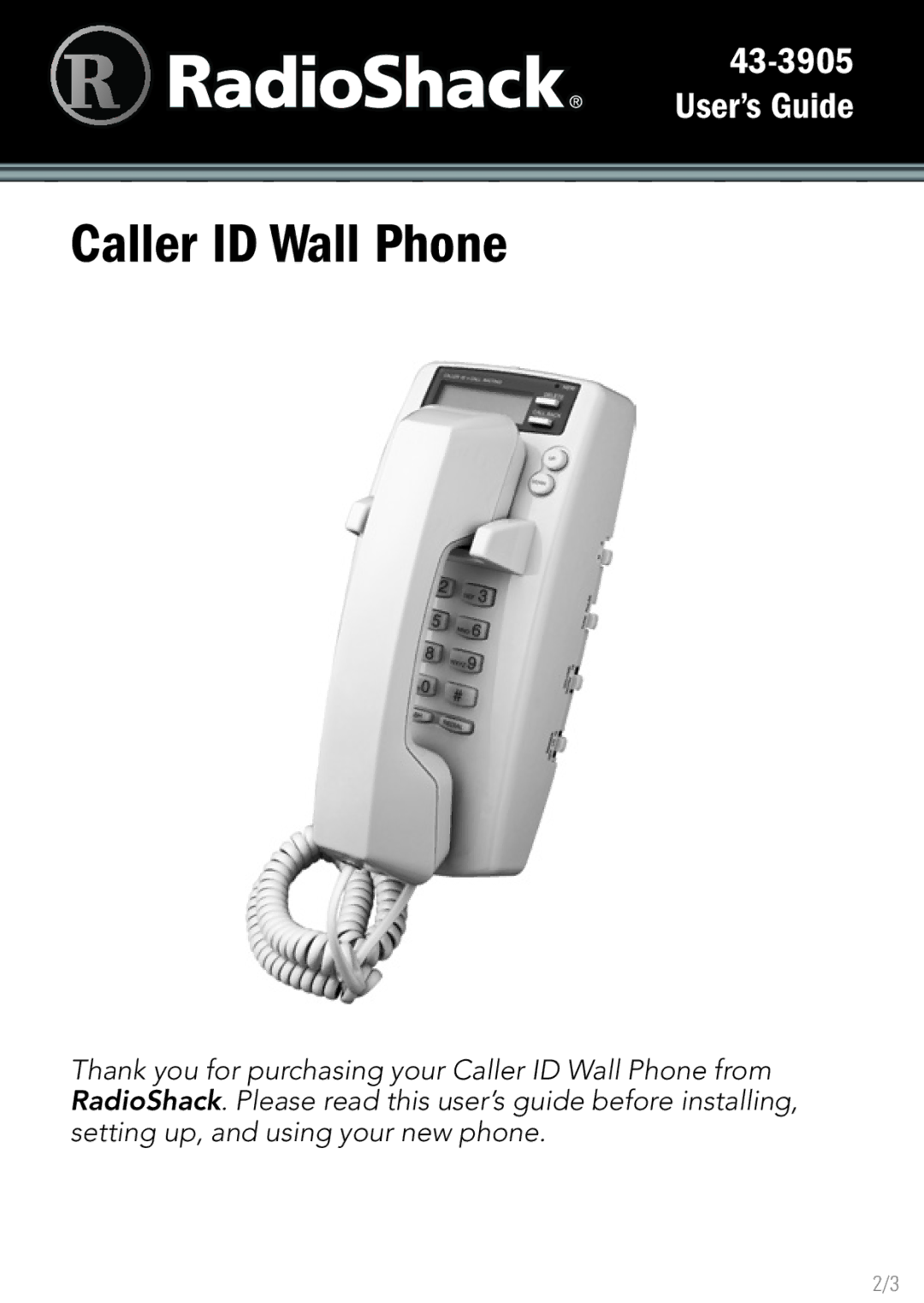 Radio Shack 4LM053Y2, 43-3905 manual Caller ID Wall Phone 