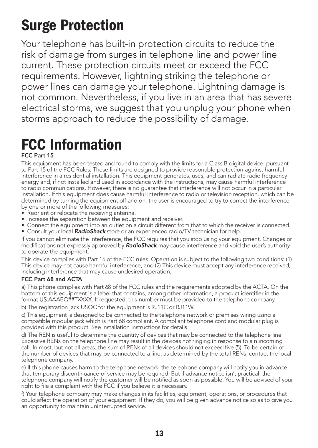 Radio Shack 4LM053Y2, 43-3905 manual Surge Protection, FCC Information 