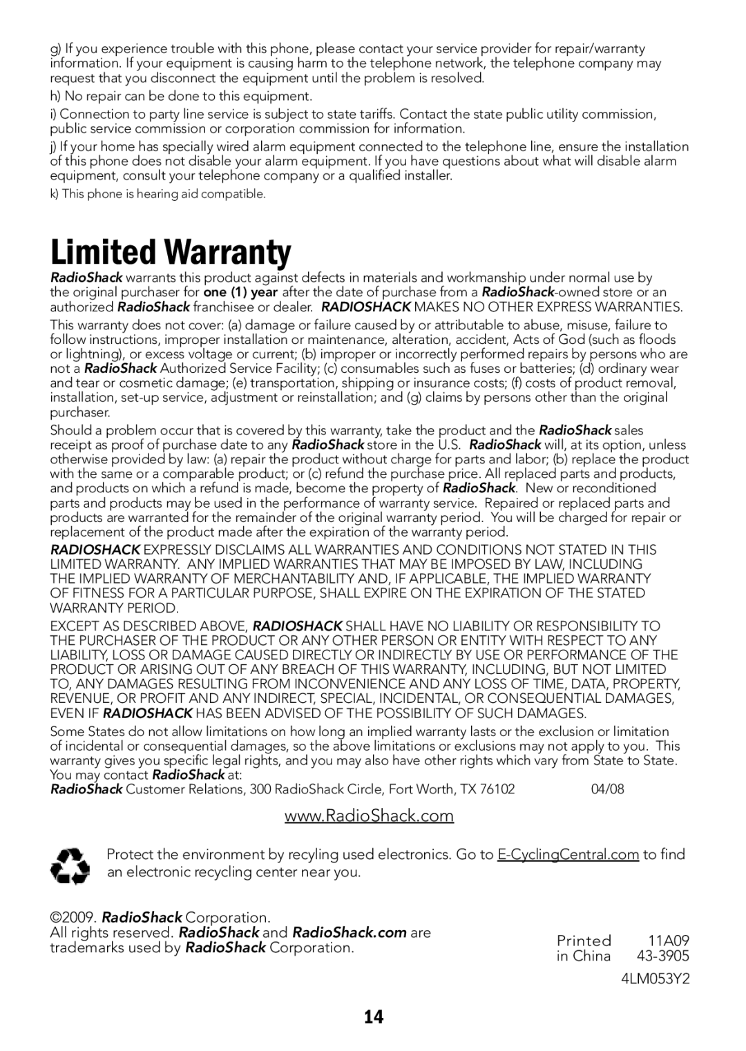 Radio Shack 43-3905, 4LM053Y2 manual Limited Warranty 