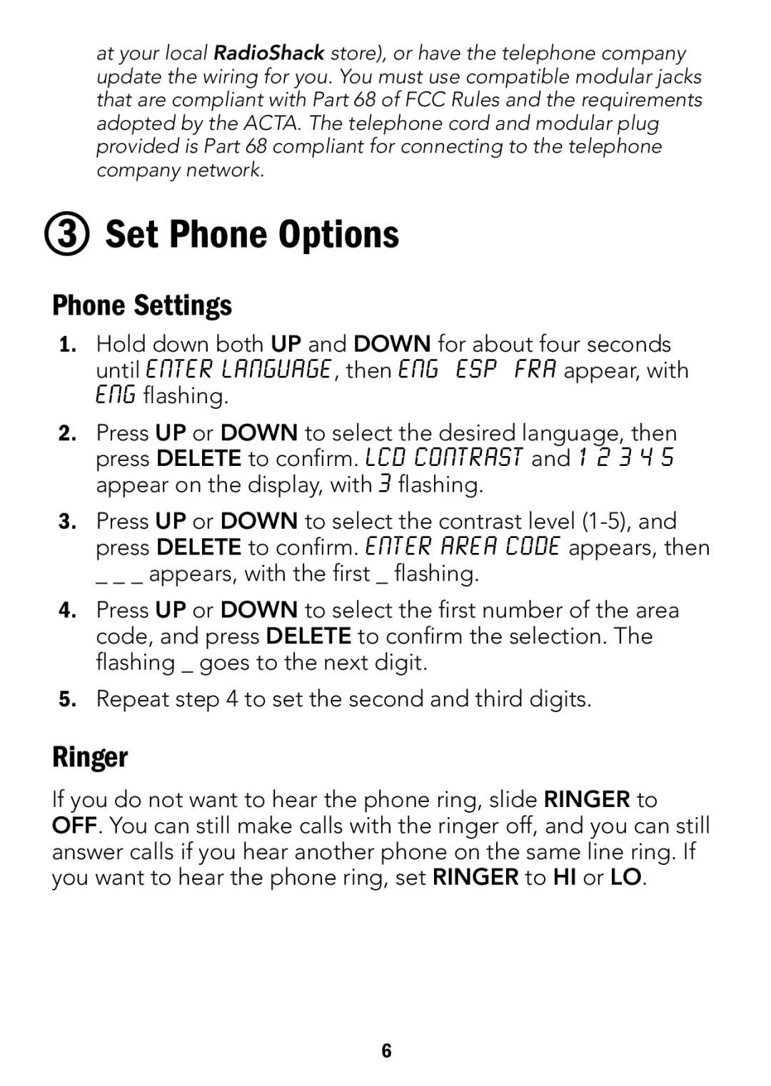 Radio Shack 43-3905, 4LM053Y2 manual Set Phone Options, Phone Settings, Ringer 