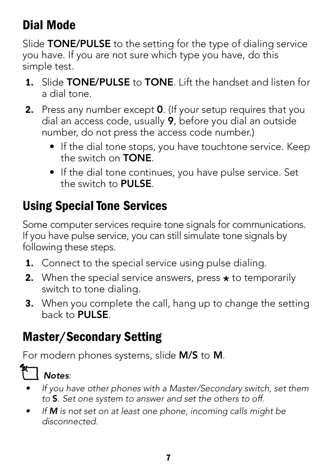 Radio Shack 4LM053Y2, 43-3905 manual Dial Mode, Using Special Tone Services, Master/Secondary Setting 