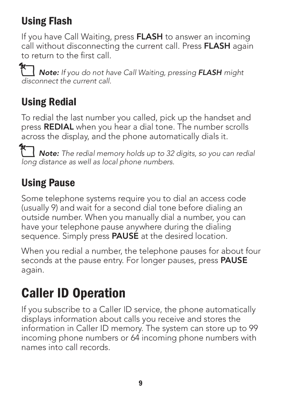 Radio Shack 4LM053Y2, 43-3905 manual Caller ID Operation, Using Flash, Using Redial, Using Pause 