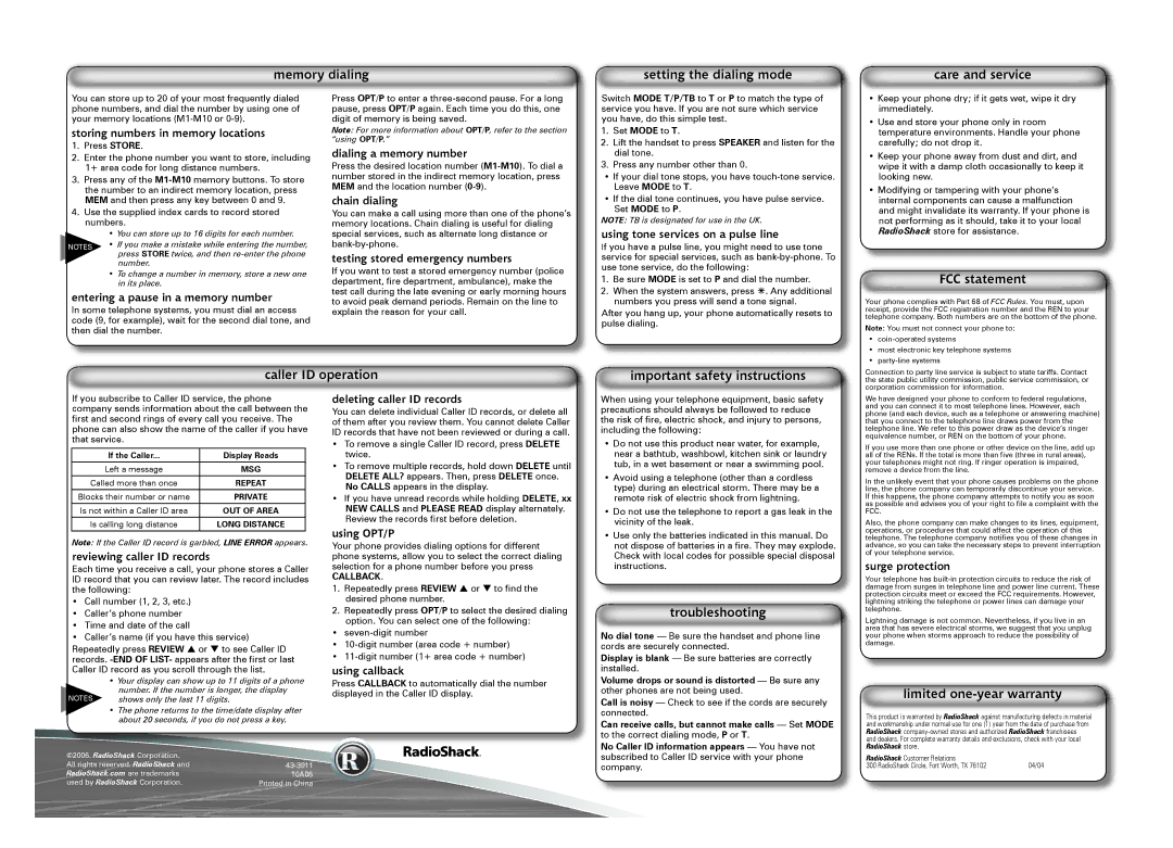 Radio Shack 43-3911 manual Memory dialing Setting the dialing mode Care and service, FCC statement, Troubleshooting 