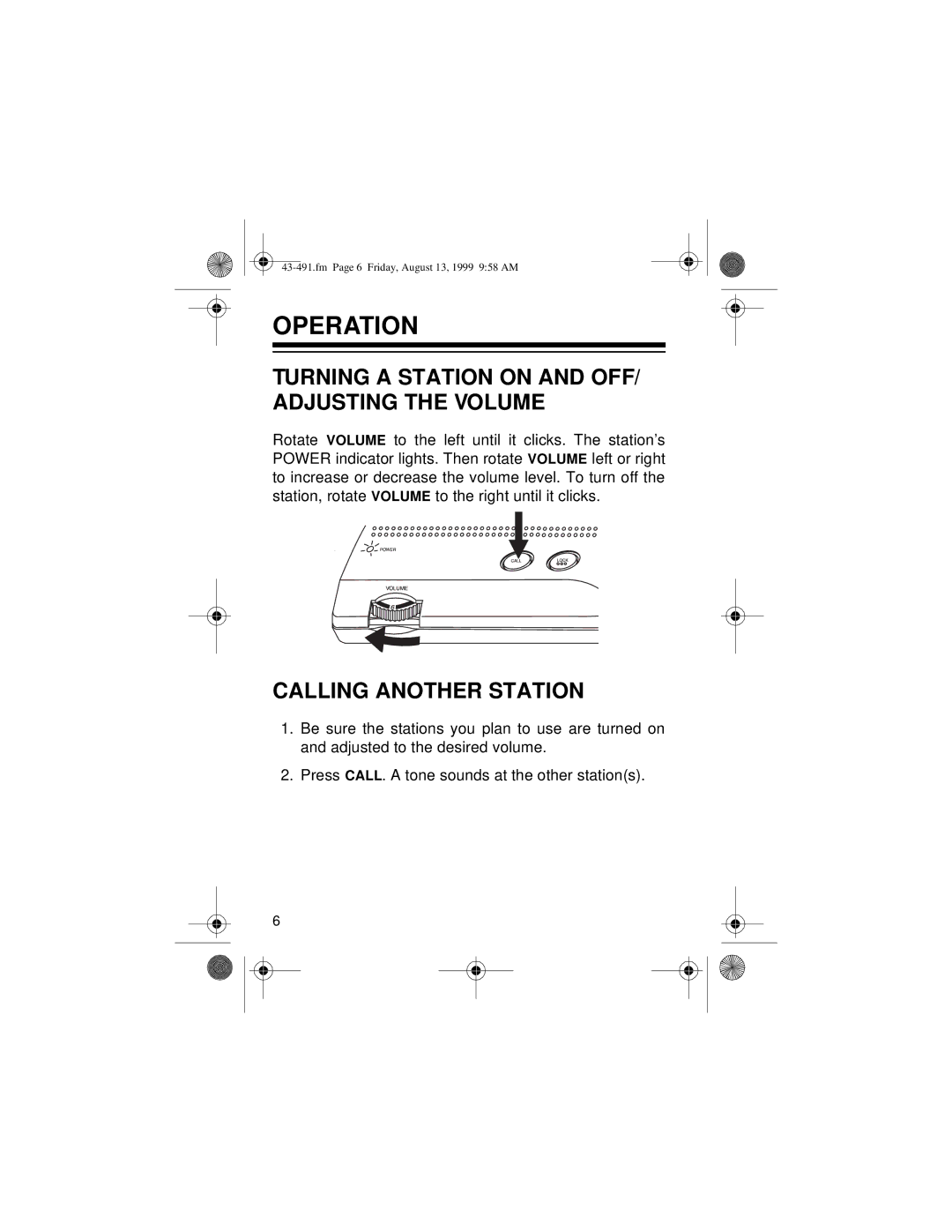 Radio Shack 43-491 owner manual Operation, Turning a Station on and OFF/ Adjusting the Volume, Calling Another Station 