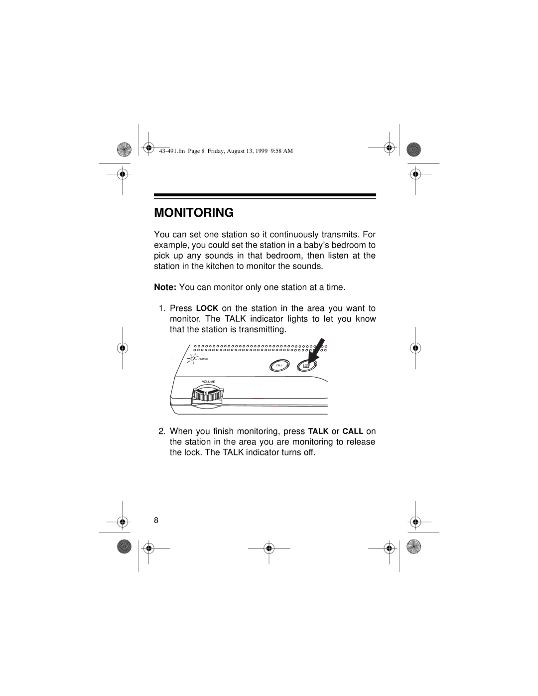 Radio Shack 43-491 owner manual Monitoring 