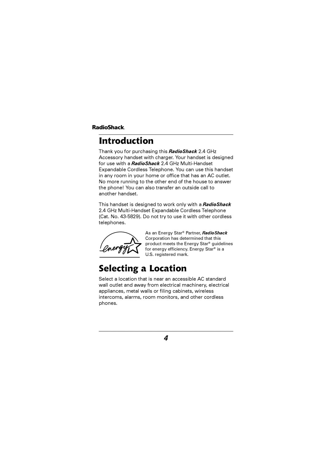 Radio Shack 43-5529 owner manual Introduction, Selecting a Location 