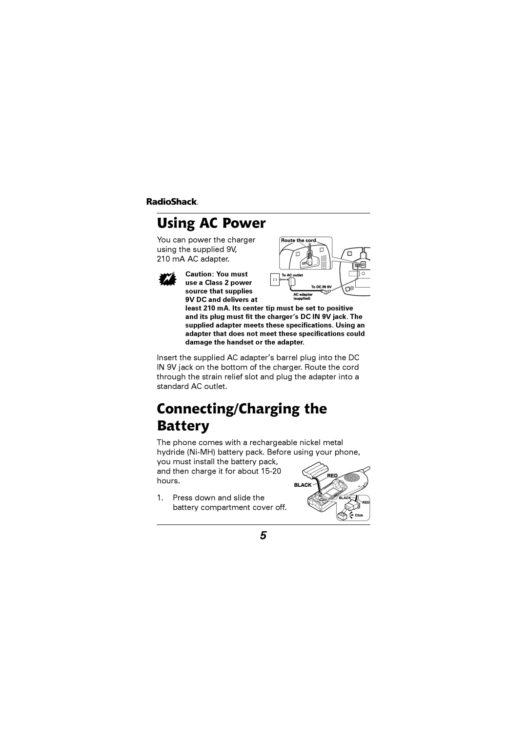 Radio Shack 43-5529 owner manual Using AC Power, Connecting/Charging the Battery 