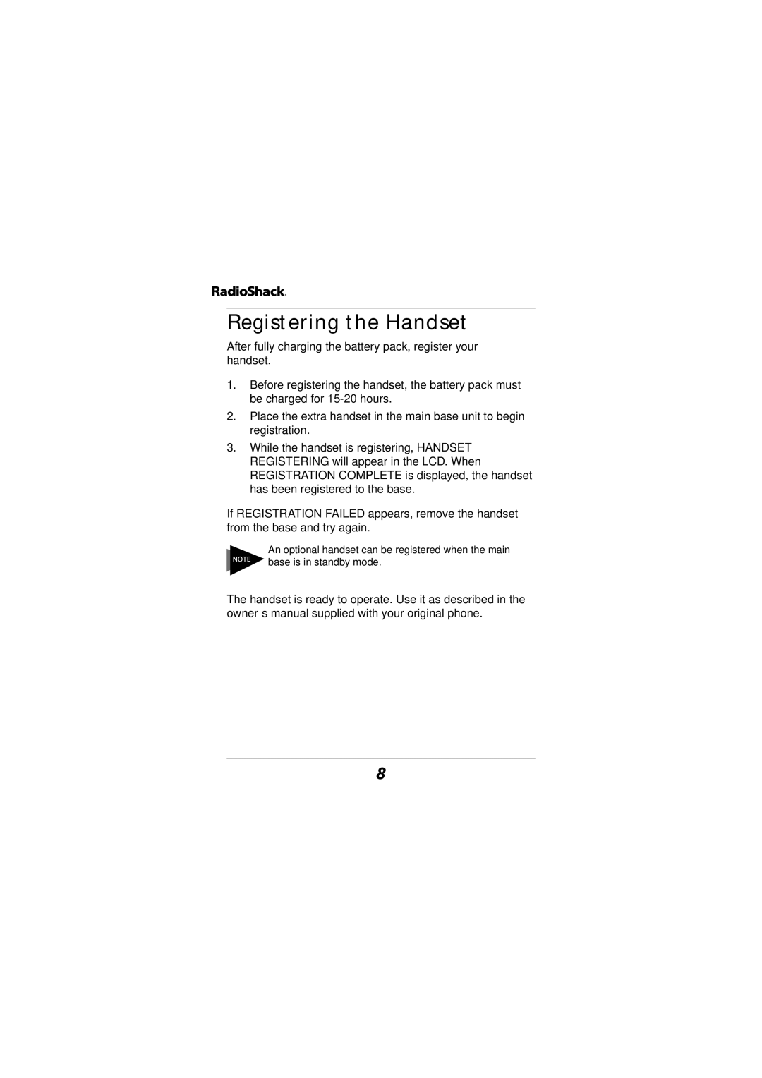 Radio Shack 43-5529 owner manual Registering the Handset 