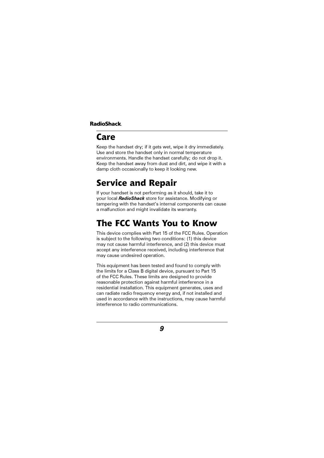 Radio Shack 43-5529 owner manual Care, Service and Repair, FCC Wants You to Know 