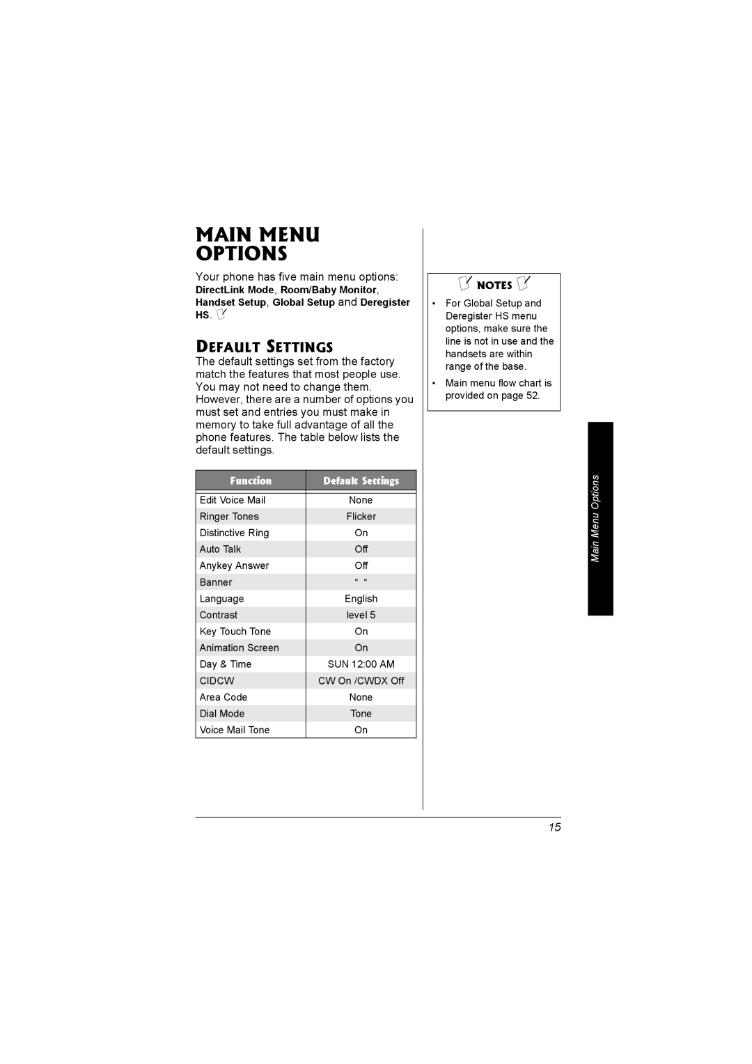 Radio Shack 43-5560 owner manual Main Menu Options, Default Settings 