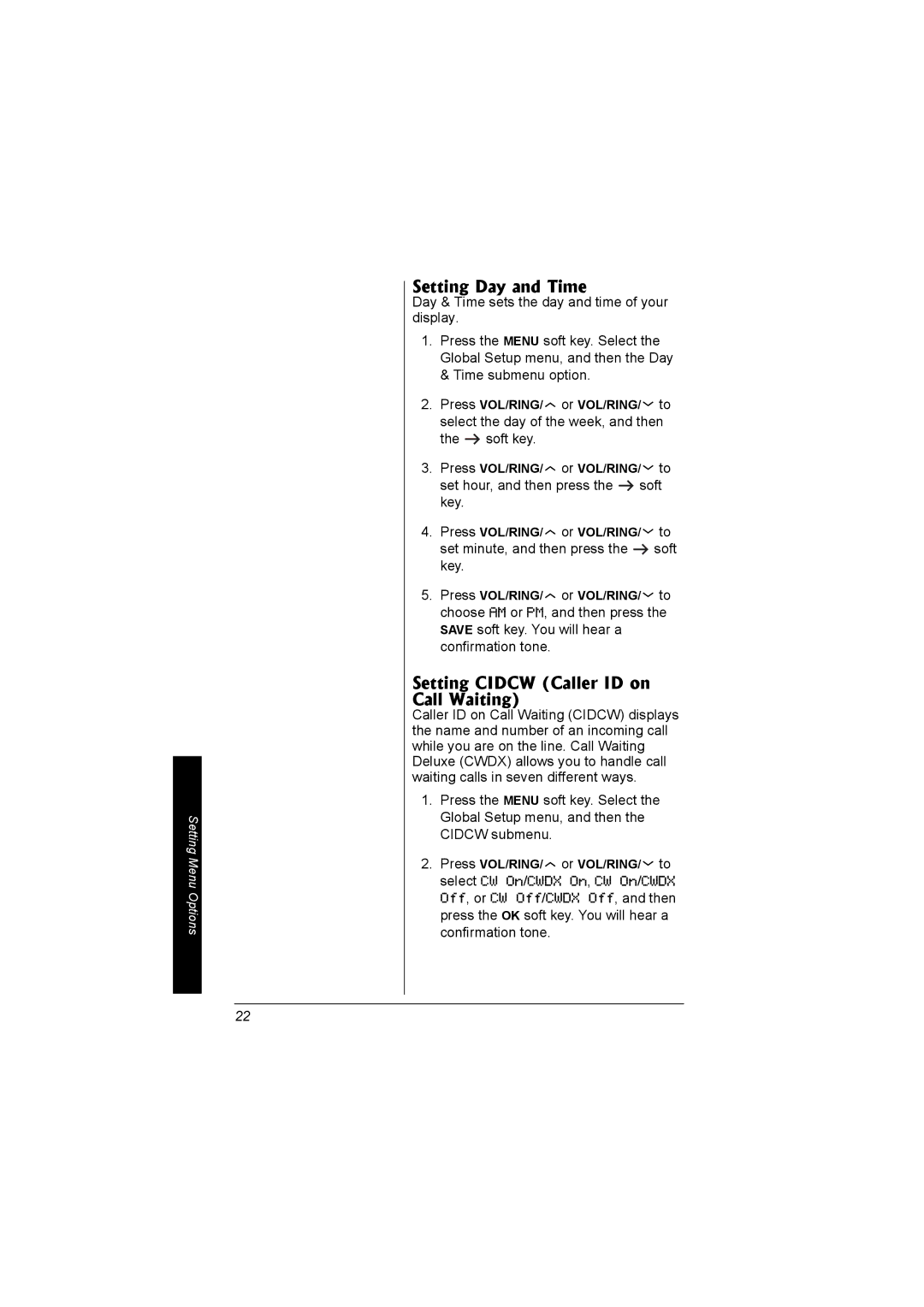 Radio Shack 43-5560 owner manual Setting Day and Time, Setting Cidcw Caller ID on Call Waiting 