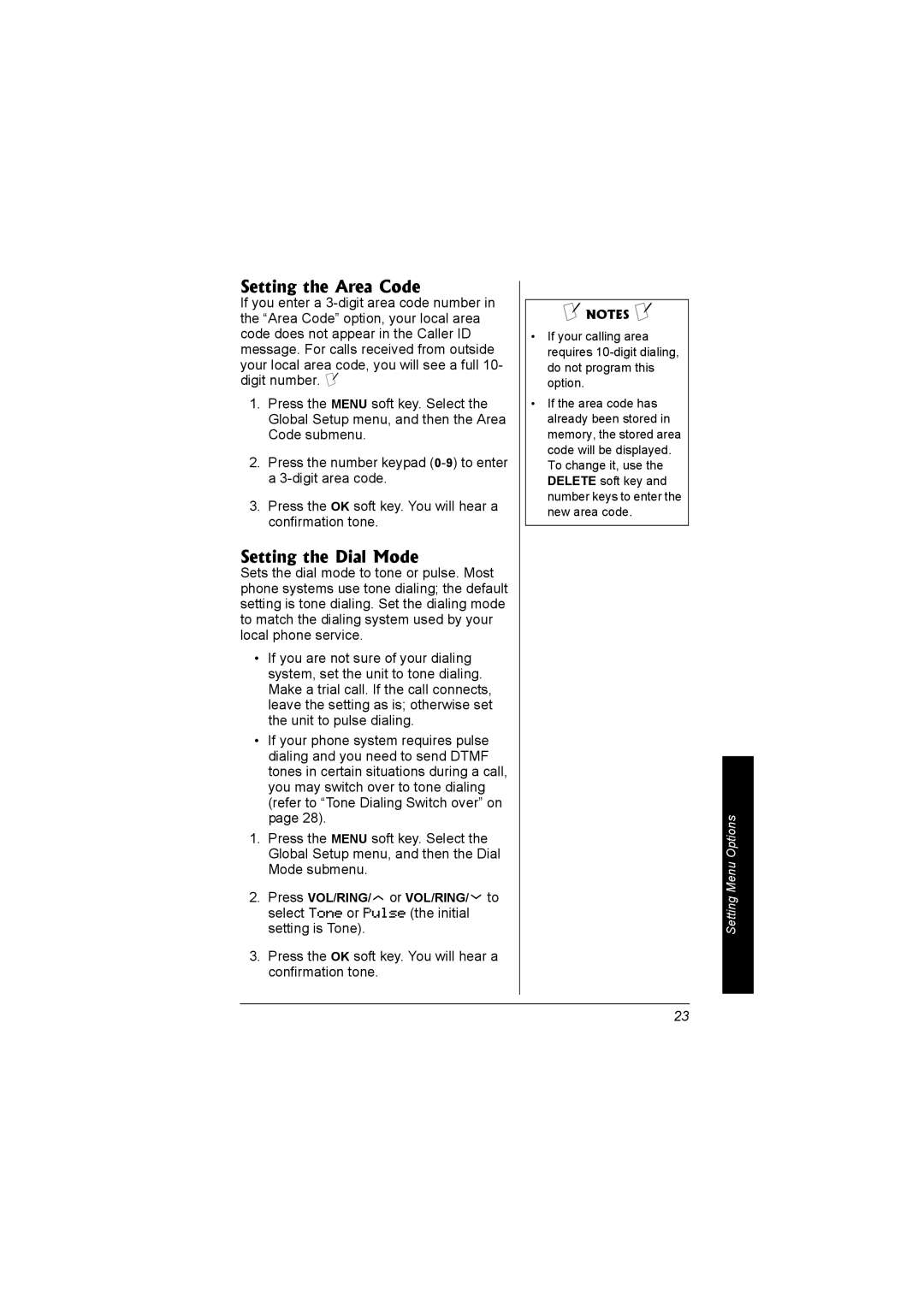 Radio Shack 43-5560 owner manual Setting the Area Code, Setting the Dial Mode 