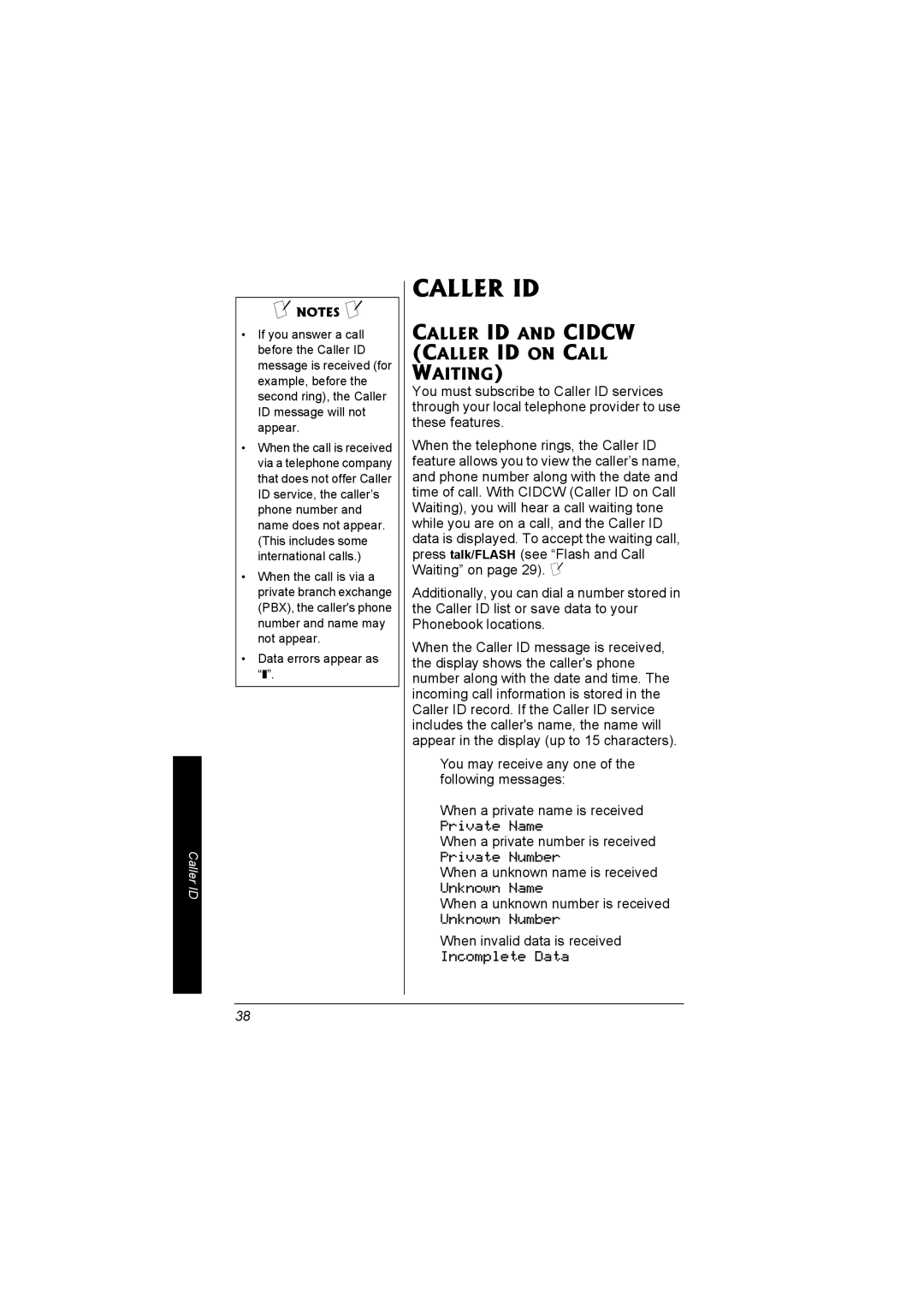 Radio Shack 43-5560 owner manual Caller ID and Cidcw Caller ID on Call Waiting 