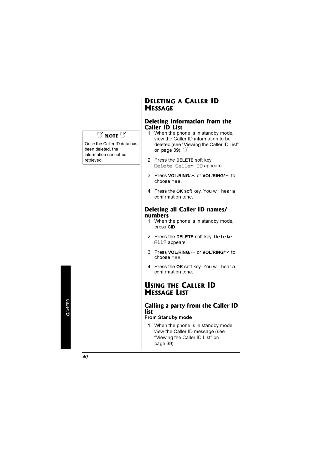 Radio Shack 43-5560 owner manual Deleting Information from the Caller ID List, Deleting all Caller ID names/ numbers 