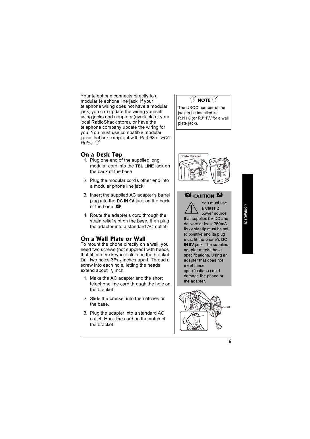 Radio Shack 43-5560 owner manual On a Desk Top, On a Wall Plate or Wall 