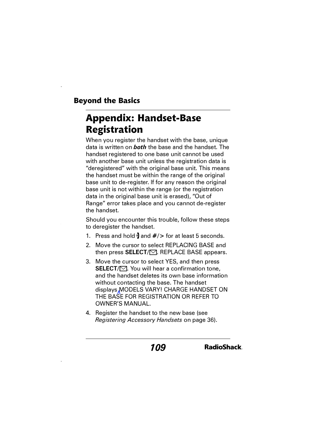 Radio Shack 43-5829 manual Appendix Handset-Base Registration, 109 