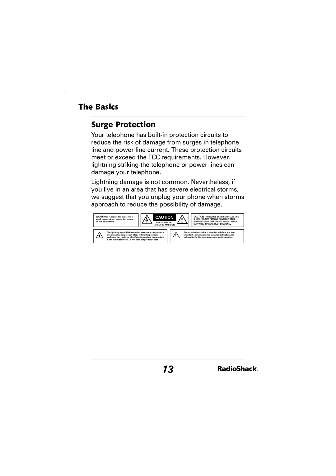 Radio Shack 43-5829 manual Basics Surge Protection, Shock do not Open 