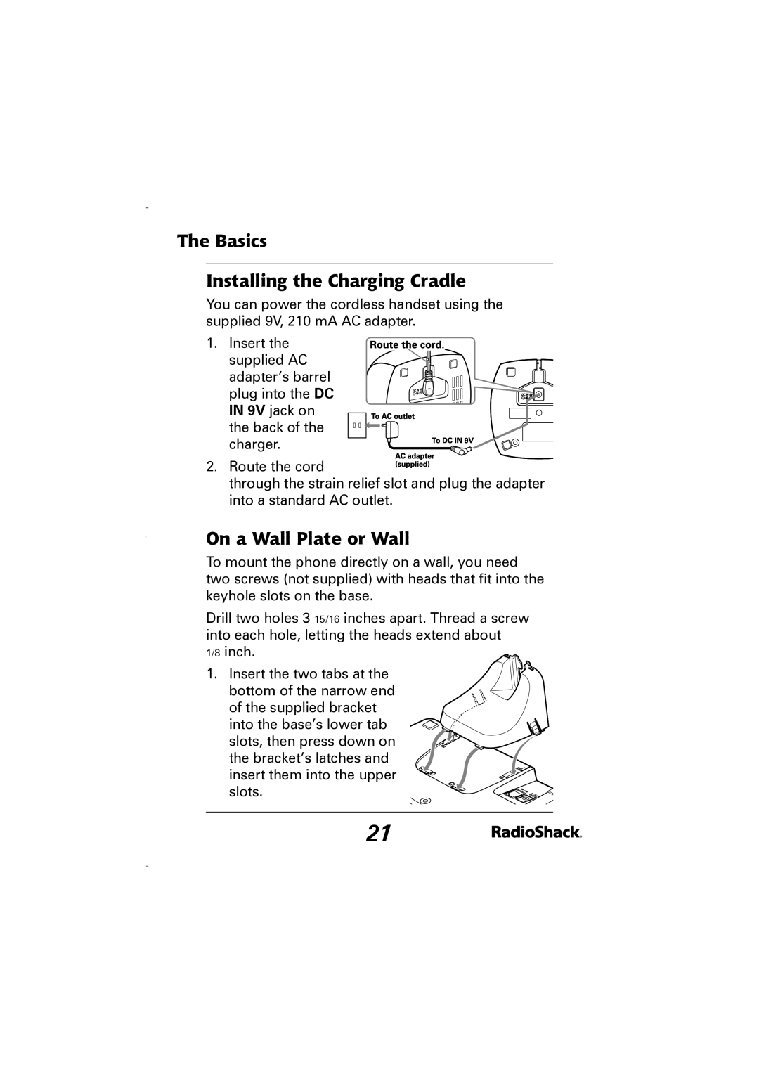 Radio Shack 43-5829 manual Basics Installing the Charging Cradle, On a Wall Plate or Wall 