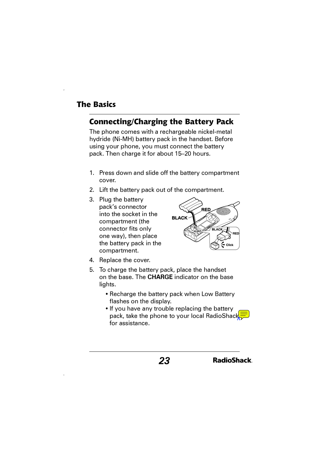 Radio Shack 43-5829 manual Basics Connecting/Charging the Battery Pack 