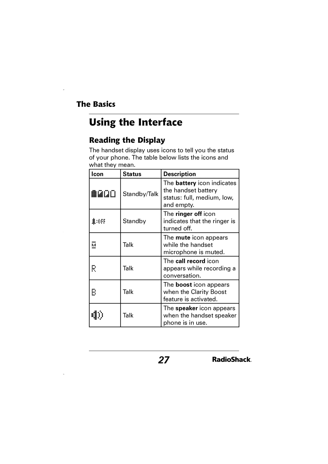 Radio Shack 43-5829 Using the Interface, Reading the Display, Icon Status Description, Ringer off icon, Call record icon 