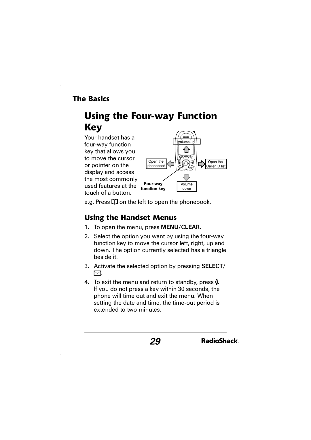 Radio Shack 43-5829 manual Using the Four-way Function Key, Using the Handset Menus 