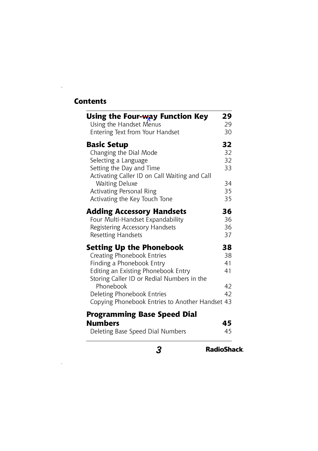 Radio Shack 43-5829 manual Contents Using the Four-way Function Key, Basic Setup, Adding Accessory Handsets 