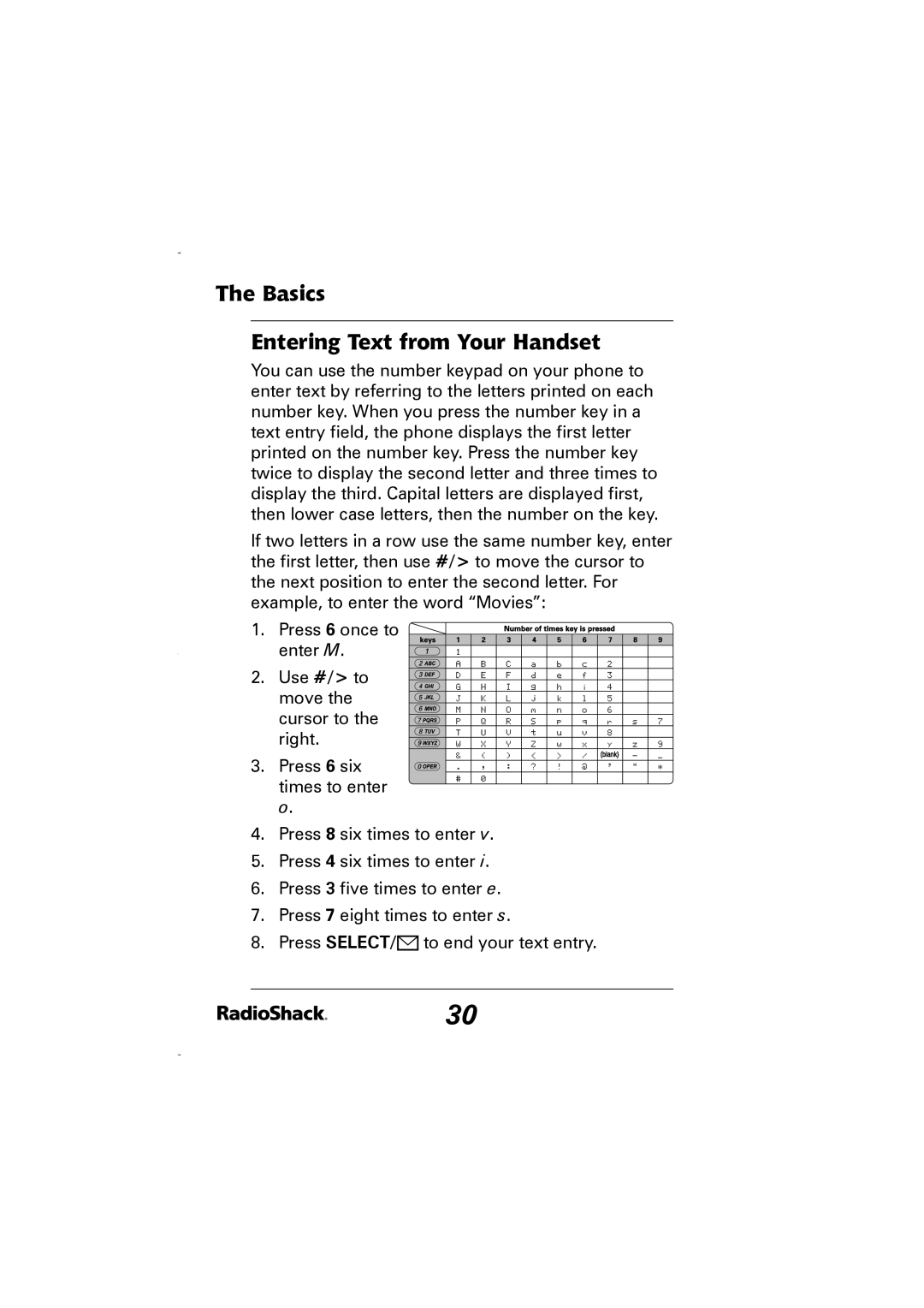 Radio Shack 43-5829 manual Basics Entering Text from Your Handset 