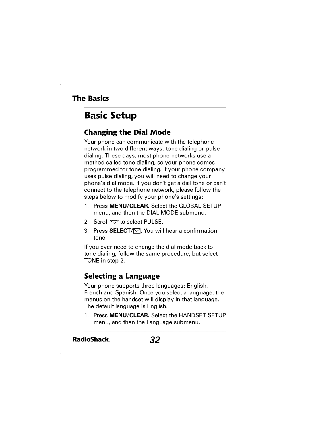 Radio Shack 43-5829 manual Basic Setup, Changing the Dial Mode, Selecting a Language 