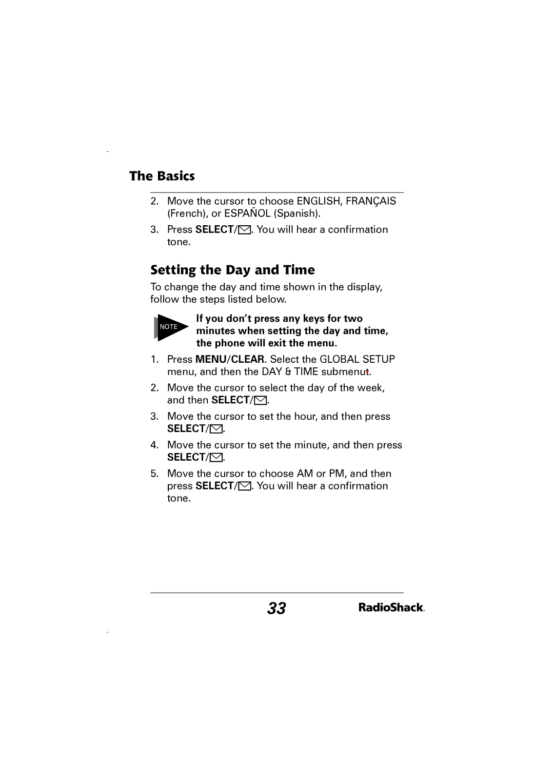 Radio Shack 43-5829 manual Setting the Day and Time 