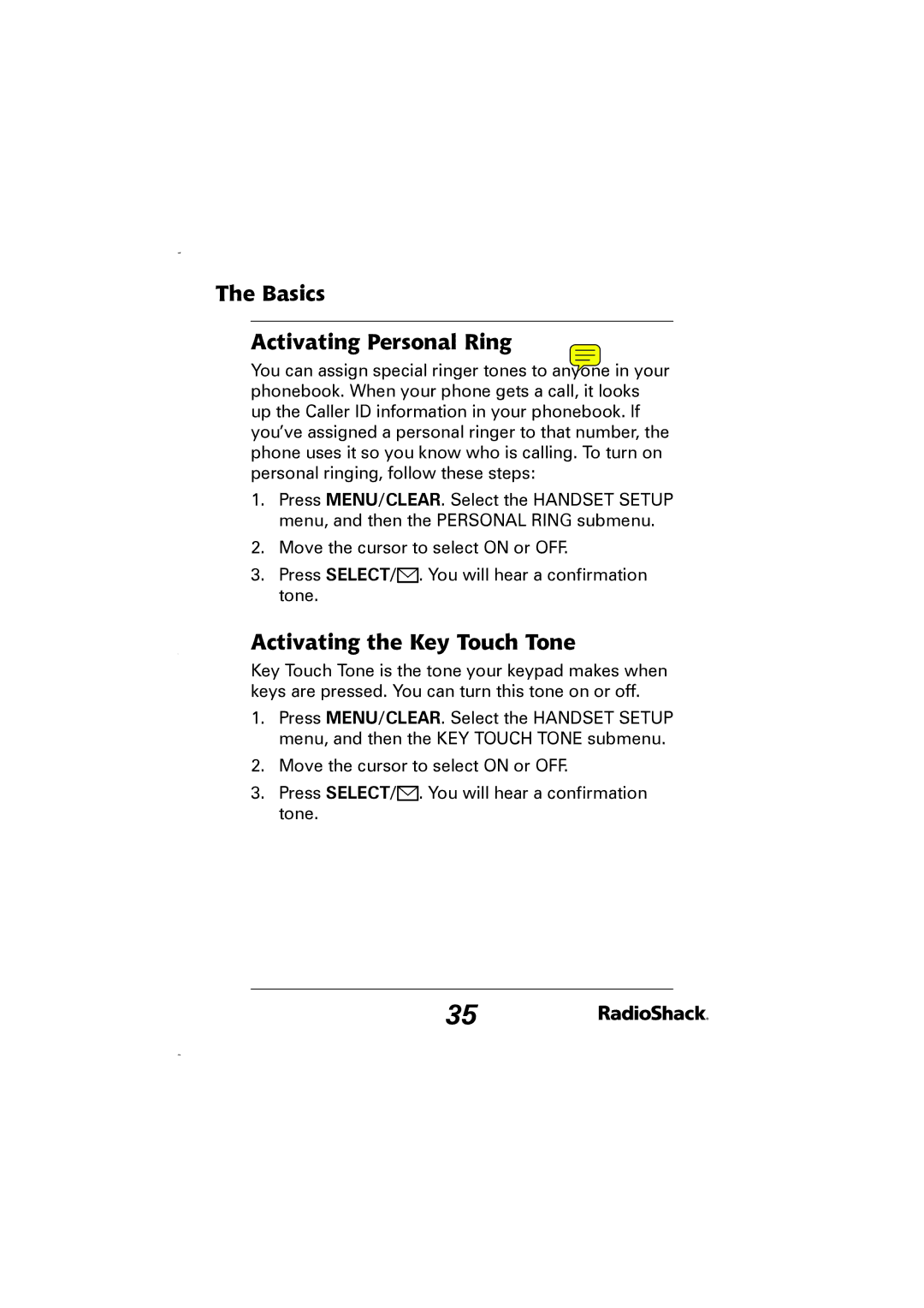 Radio Shack 43-5829 manual Basics Activating Personal Ring, Activating the Key Touch Tone 