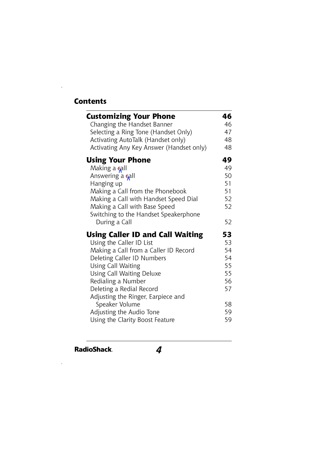 Radio Shack 43-5829 manual Contents Customizing Your Phone, Using Your Phone, Using Caller ID and Call Waiting 