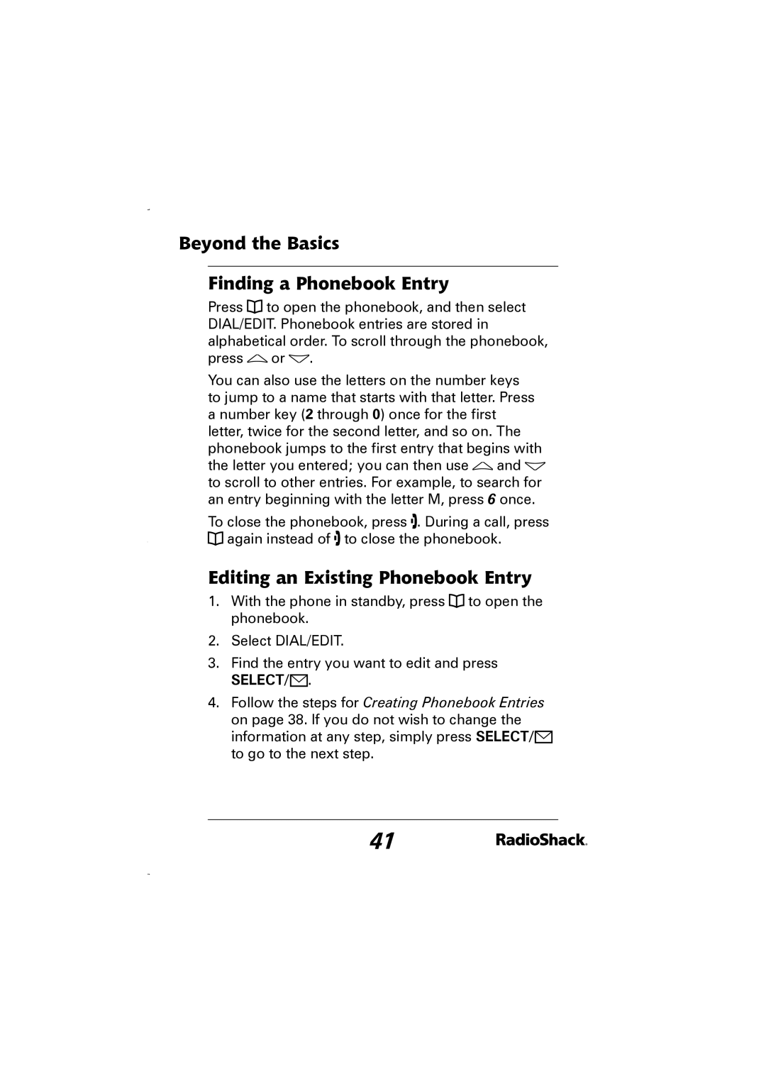 Radio Shack 43-5829 manual Beyond the Basics Finding a Phonebook Entry, Editing an Existing Phonebook Entry 