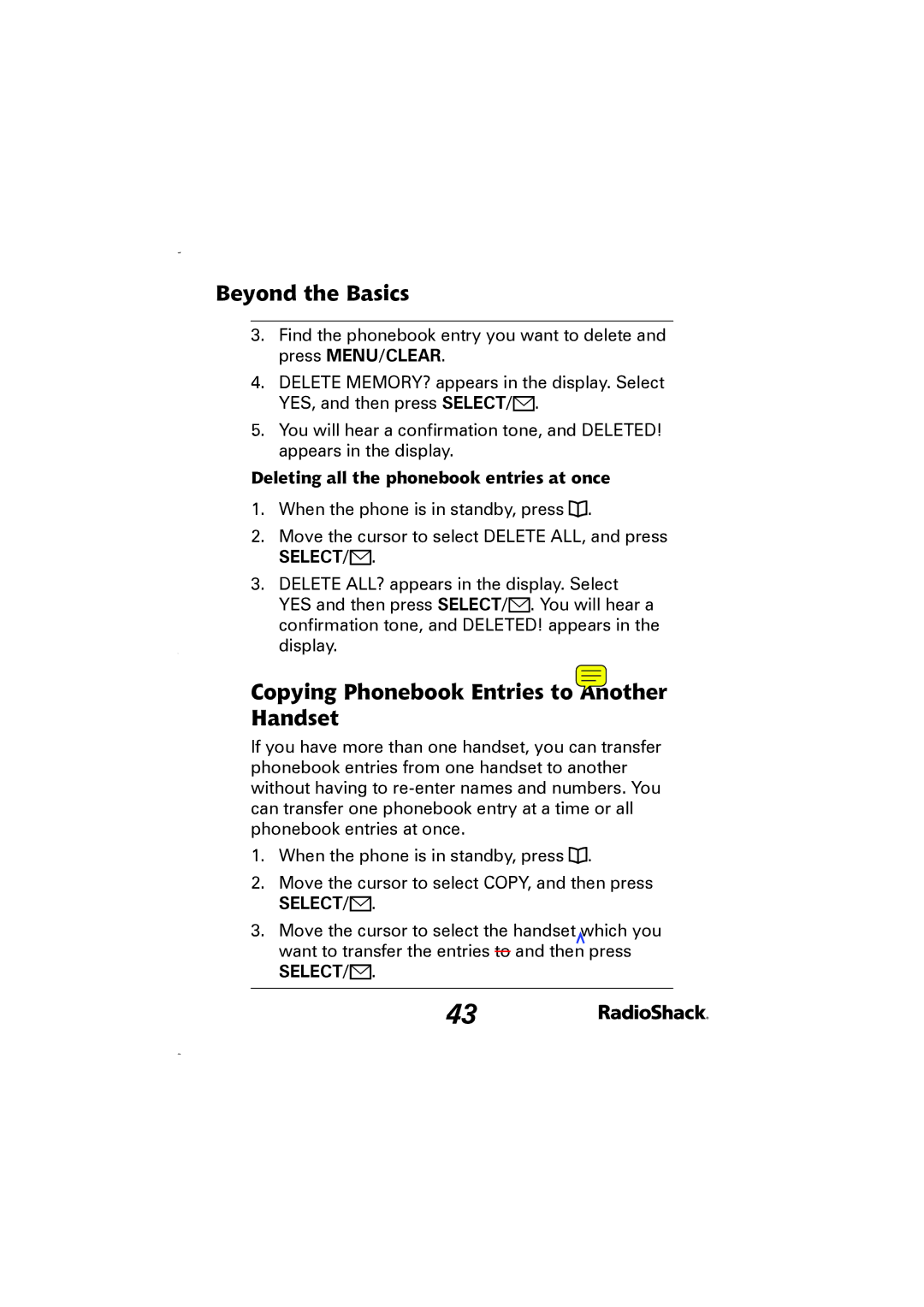 Radio Shack 43-5829 manual Copying Phonebook Entries to Another Handset, Deleting all the phonebook entries at once 