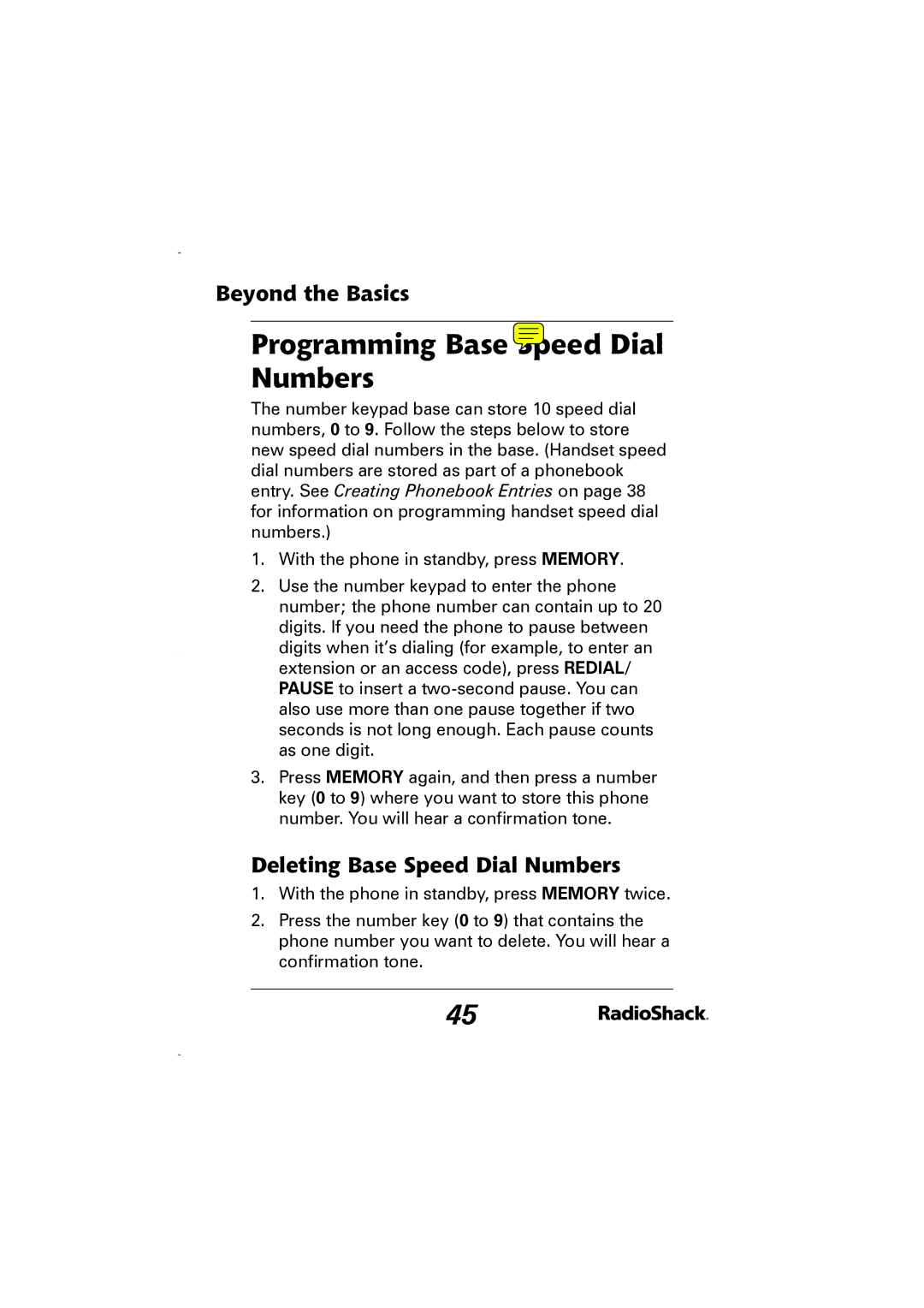 Radio Shack 43-5829 manual Programming Base Speed Dial Numbers, Deleting Base Speed Dial Numbers 