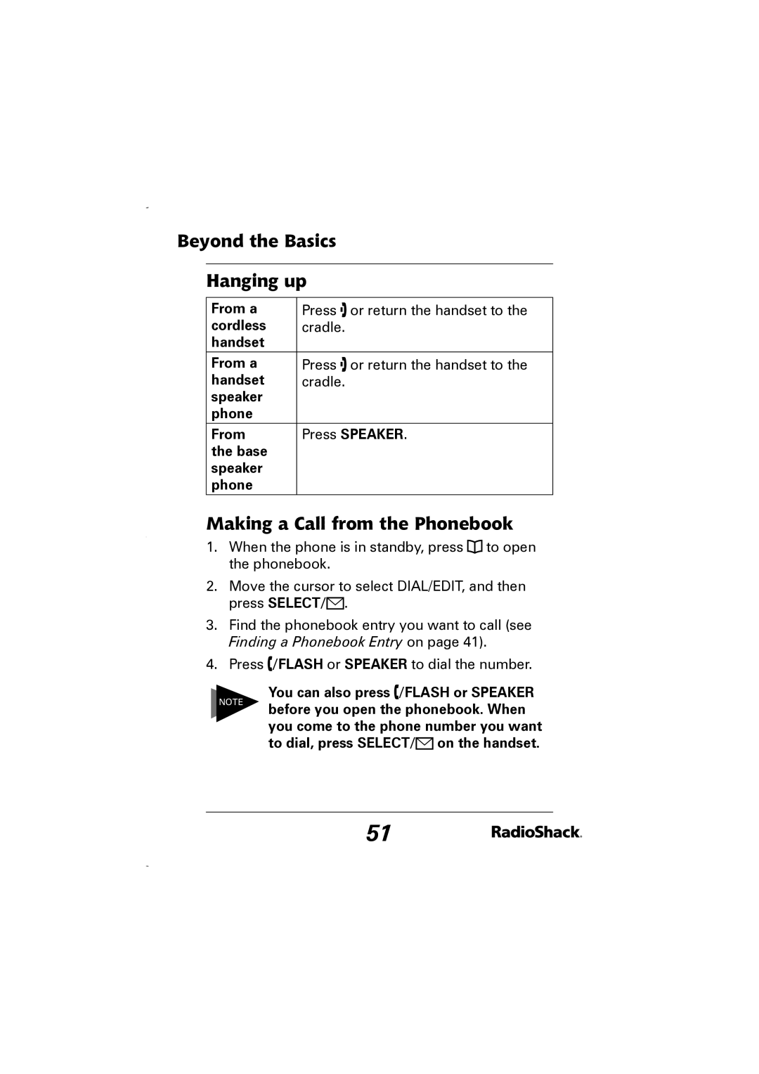Radio Shack 43-5829 manual Beyond the Basics Hanging up, Making a Call from the Phonebook 