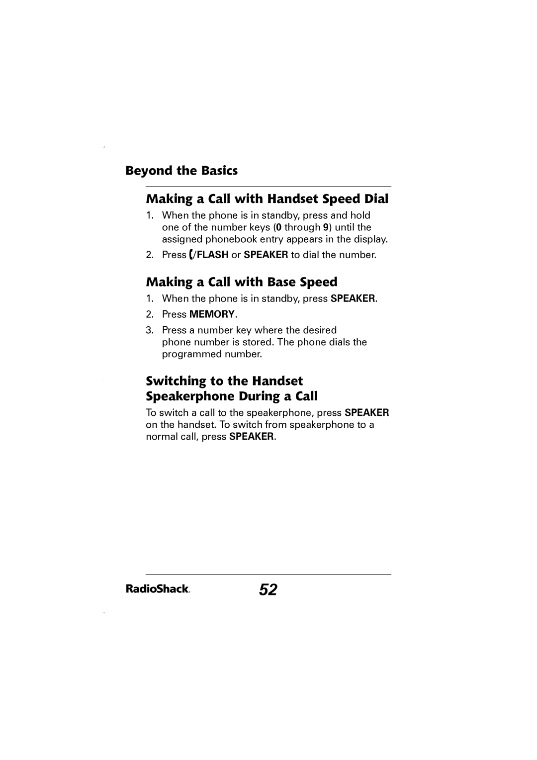 Radio Shack 43-5829 manual Beyond the Basics Making a Call with Handset Speed Dial, Making a Call with Base Speed 