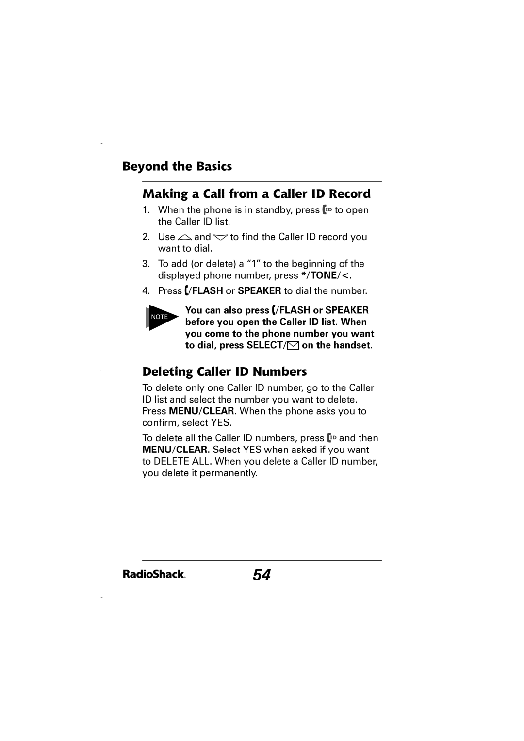 Radio Shack 43-5829 manual Beyond the Basics Making a Call from a Caller ID Record, Deleting Caller ID Numbers 