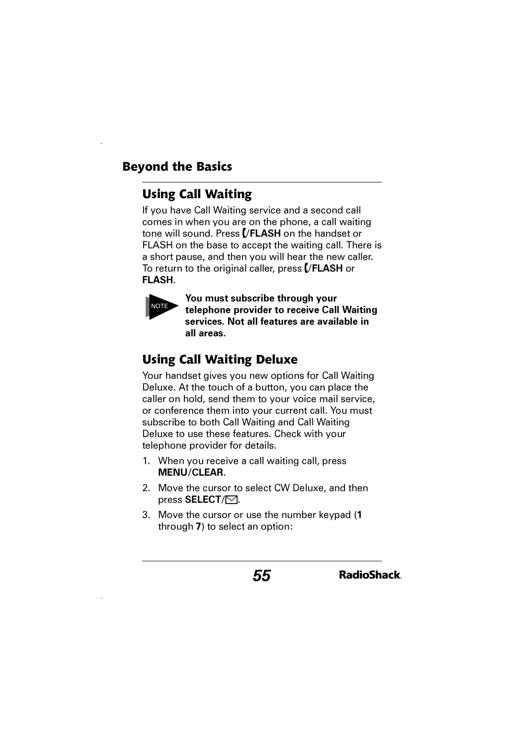 Radio Shack 43-5829 manual Beyond the Basics Using Call Waiting, Using Call Waiting Deluxe, You must subscribe through your 