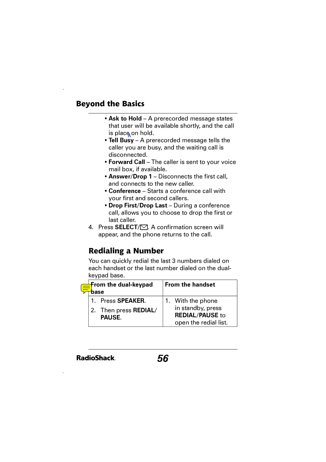 Radio Shack 43-5829 manual Redialing a Number, From the dual-keypad From the handset Base, REDIAL/PAUSE to 