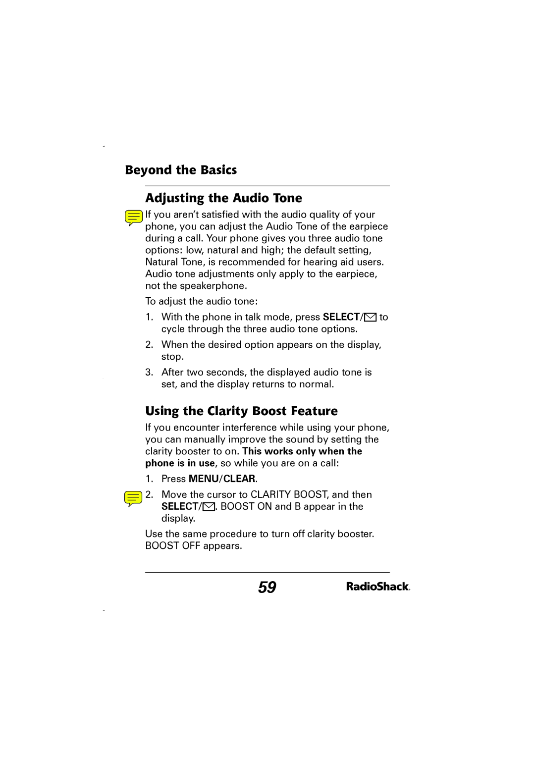 Radio Shack 43-5829 manual Beyond the Basics Adjusting the Audio Tone, Using the Clarity Boost Feature 